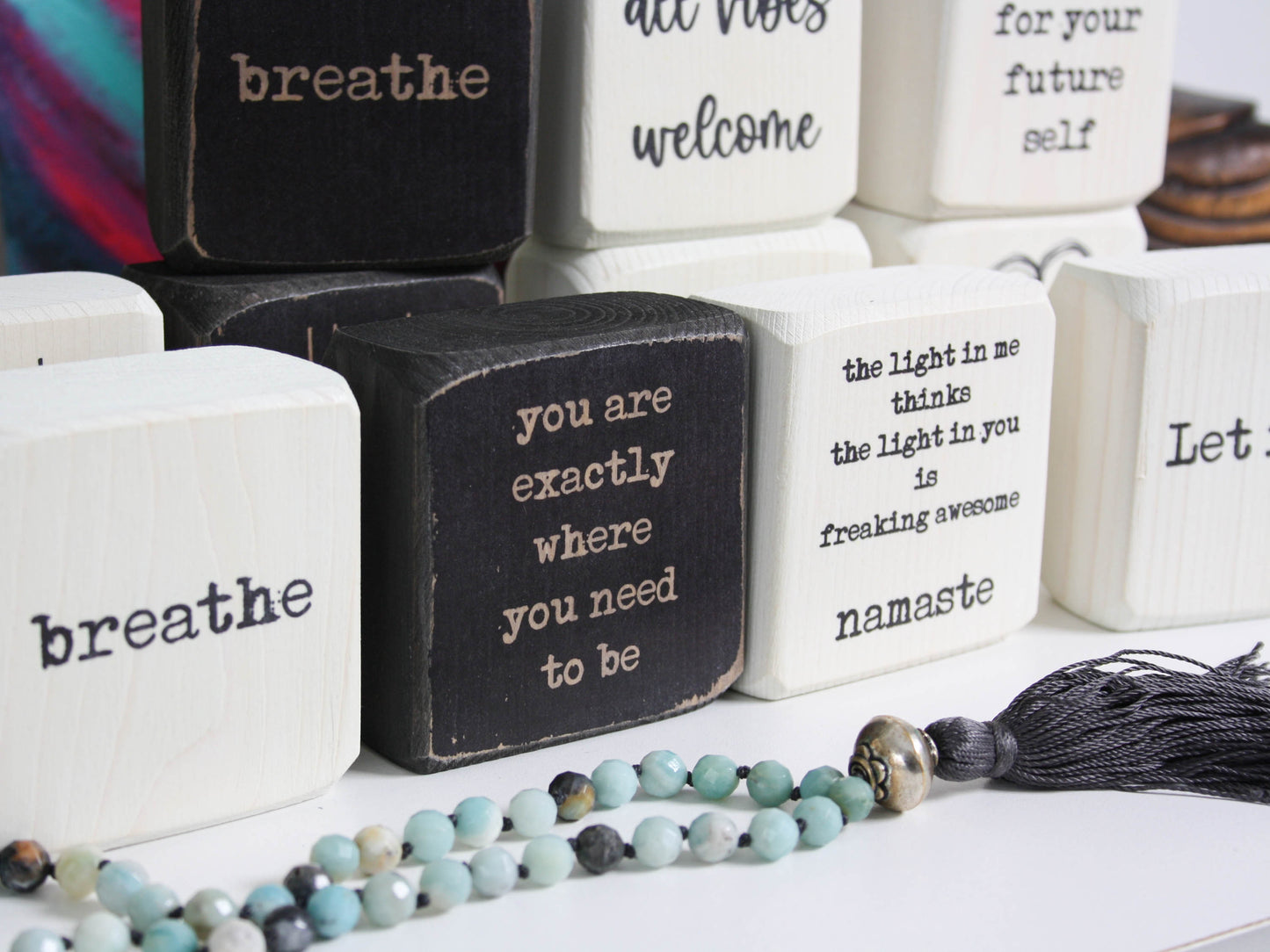 series of yoga themed blocks, the focused one says "you are exactly where you need to be"