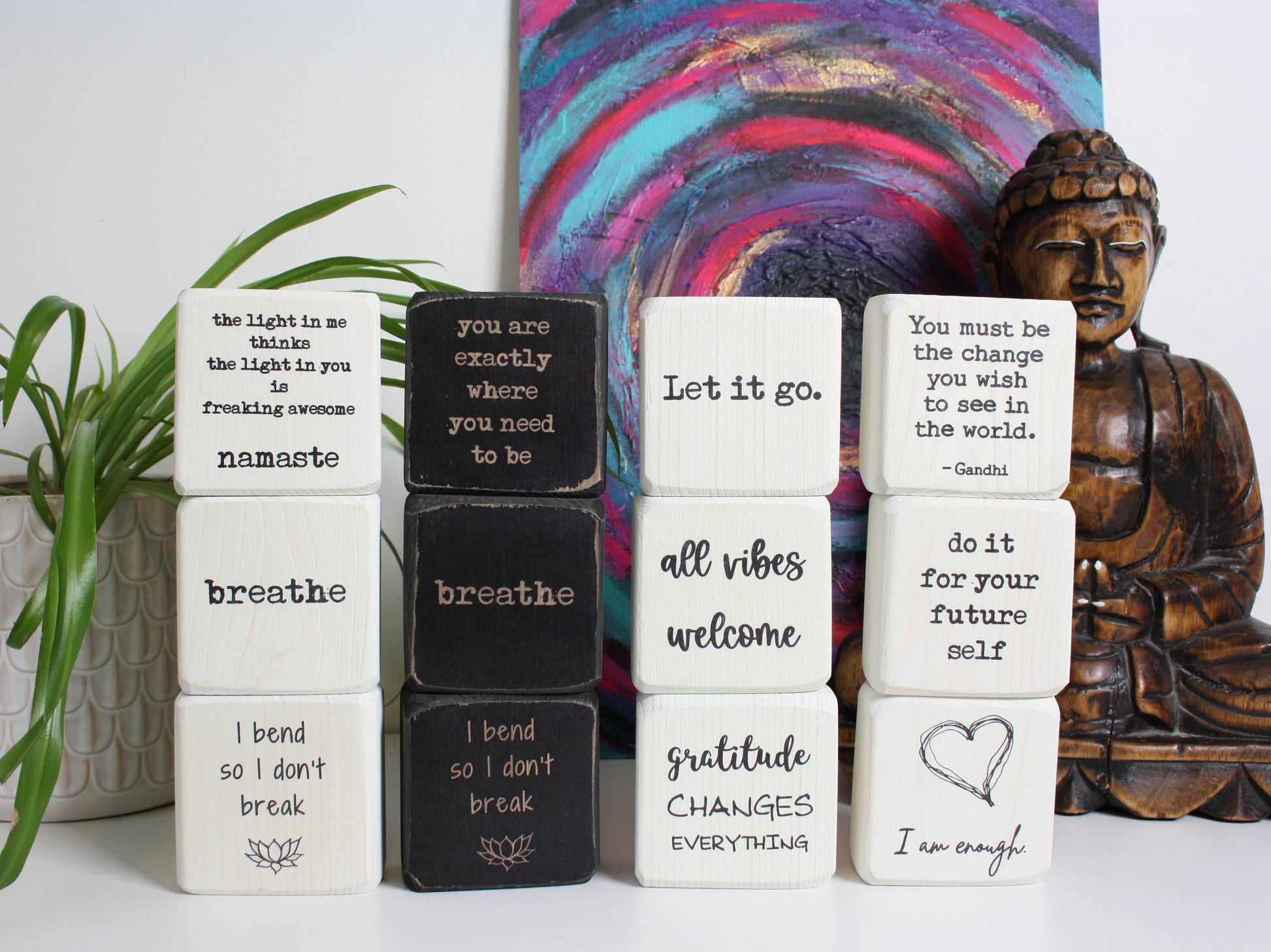 12 yoga themed quote blocks all stacked up
