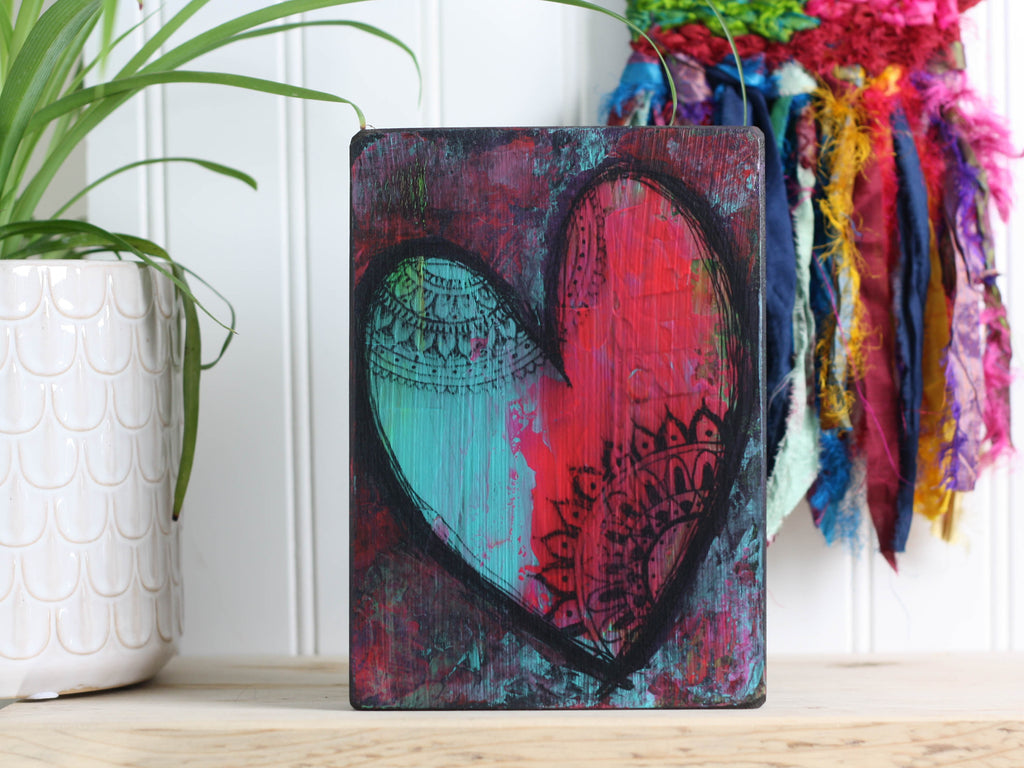 Original art on a wood block. Heart with a teal and bright fuschia background with mandalas inside the heart.