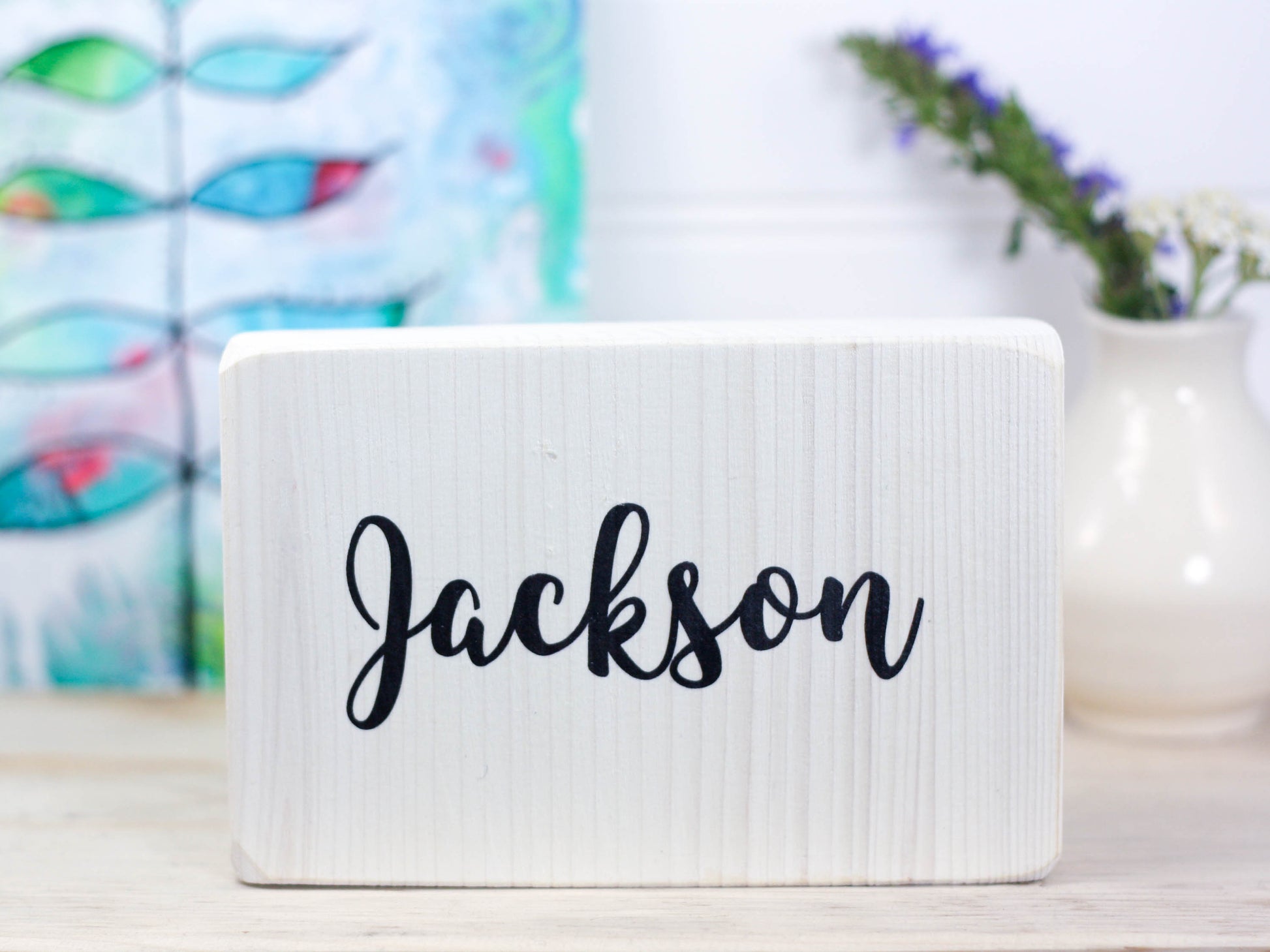 Custom small wood freestanding name sign in whitewash