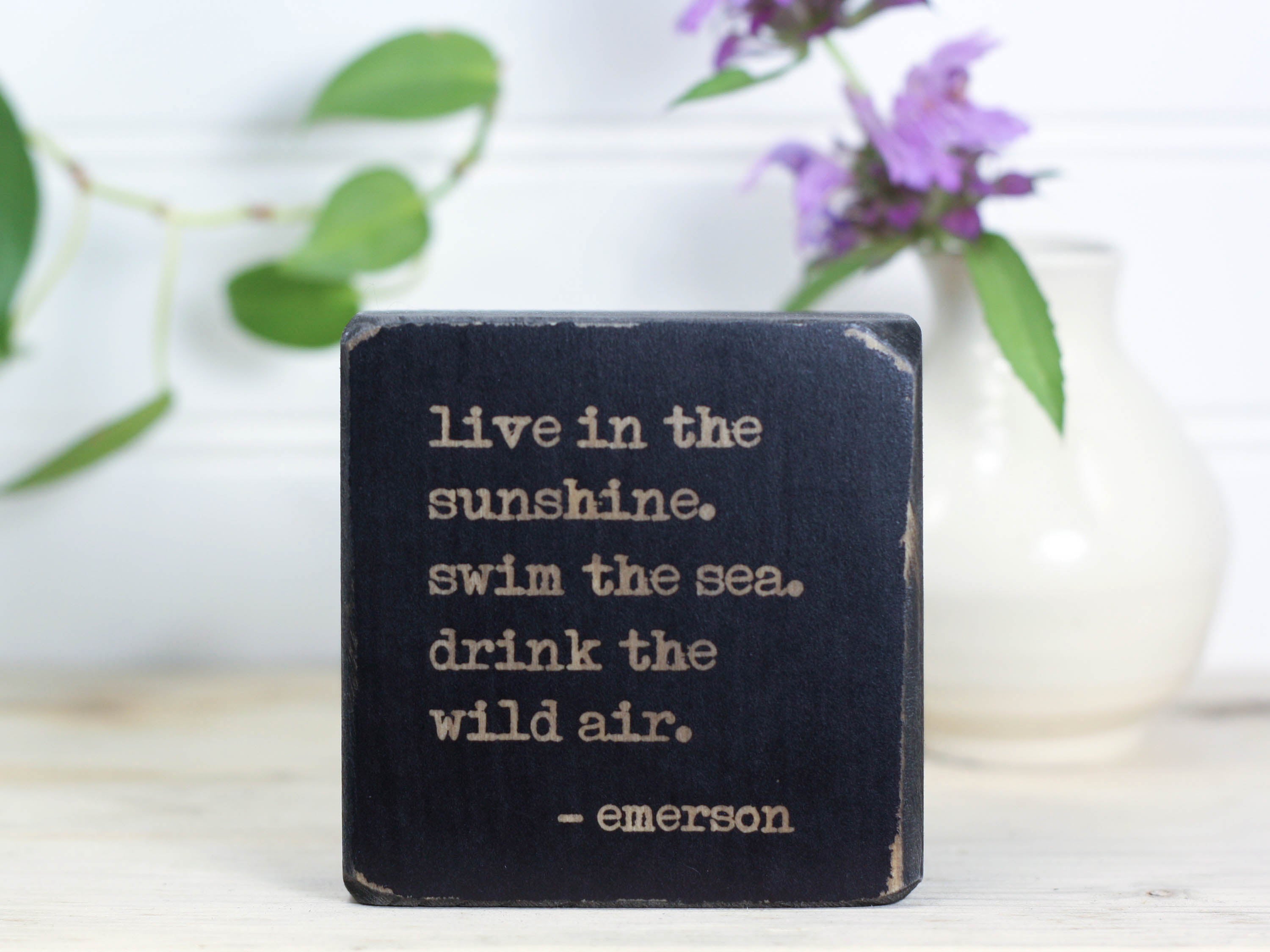 Mini wood decor in distressed black with the saying "Live in the sunshine. swim in the sea. drink the wild air. - emerson"