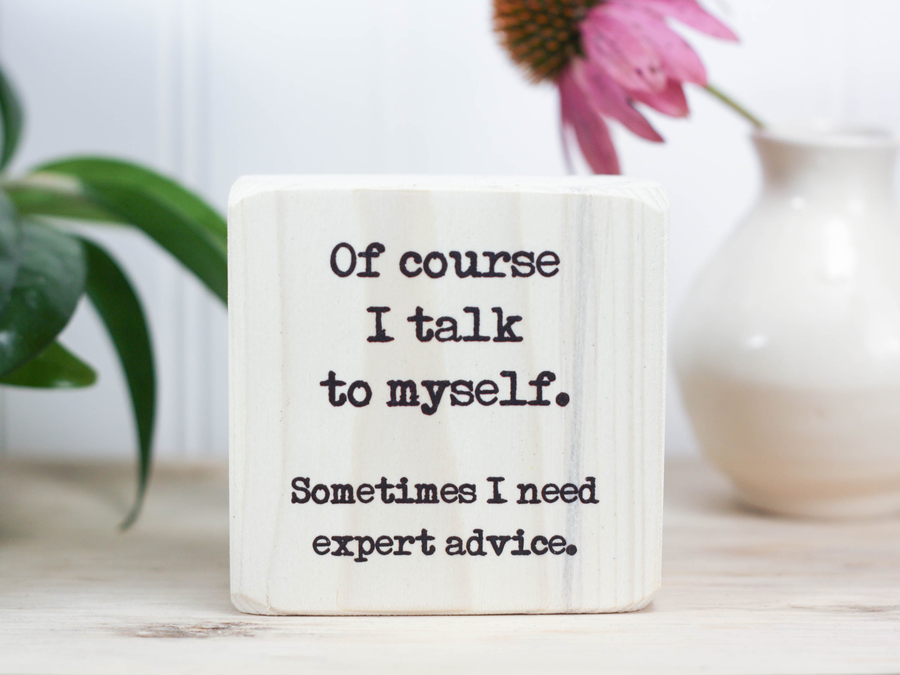 Small wood sign in whitewash with the saying "Of course I talk to myself. Sometimes I need expert advice."
