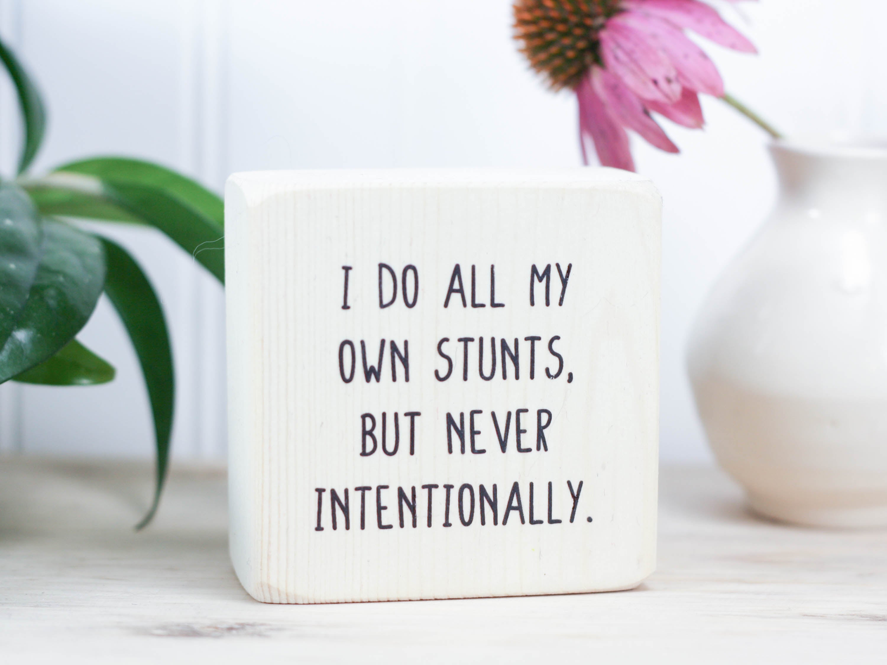 Small, freestanding, whitewash, solid wood sign with funny saying on it "I do all my own stunts, but never intentionally."