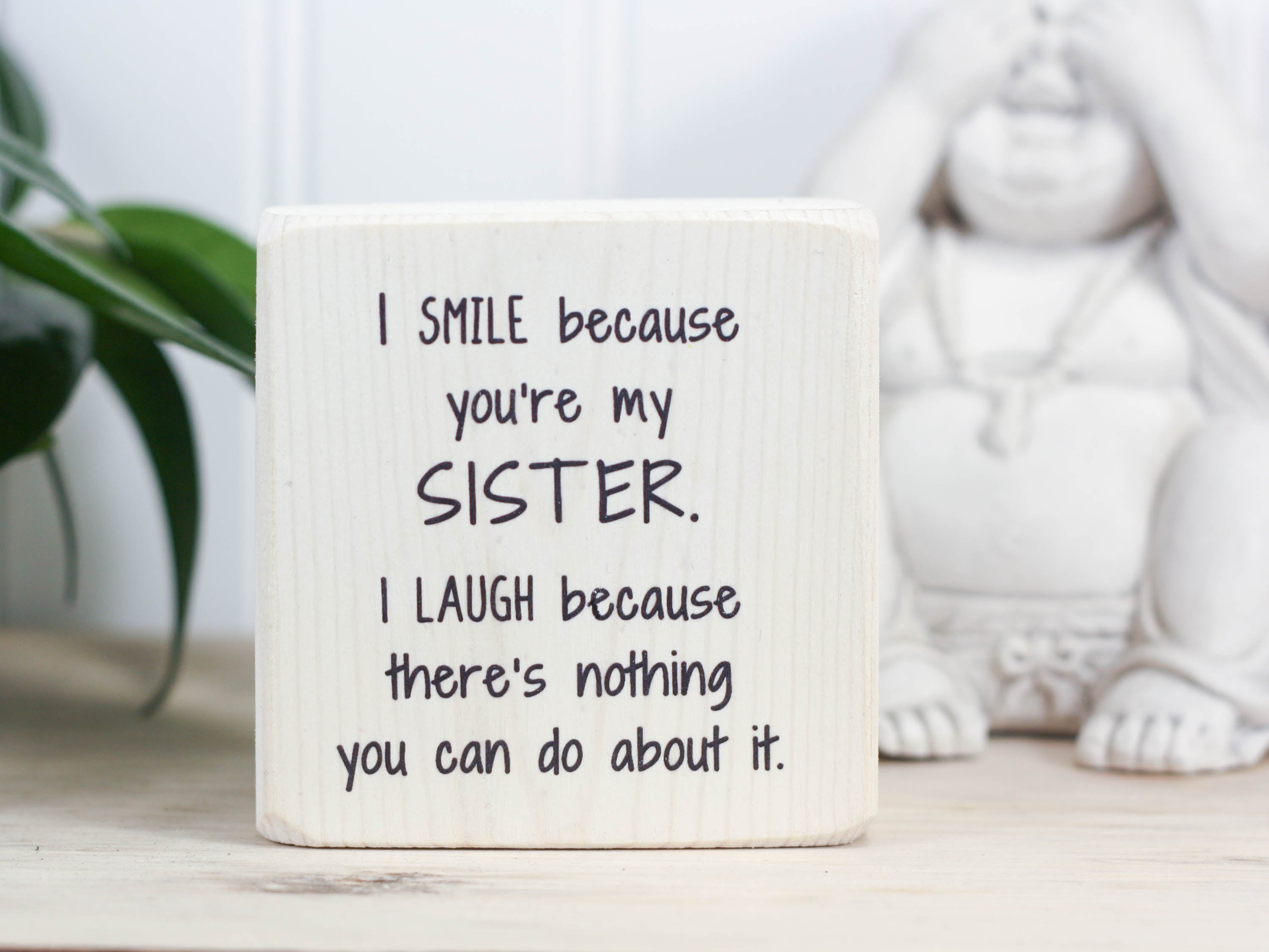 Small, freestanding, whitewash, solid wood sign with a funny saying on it "I smile because you're my sister. I laugh because there's nothing you can do about it."