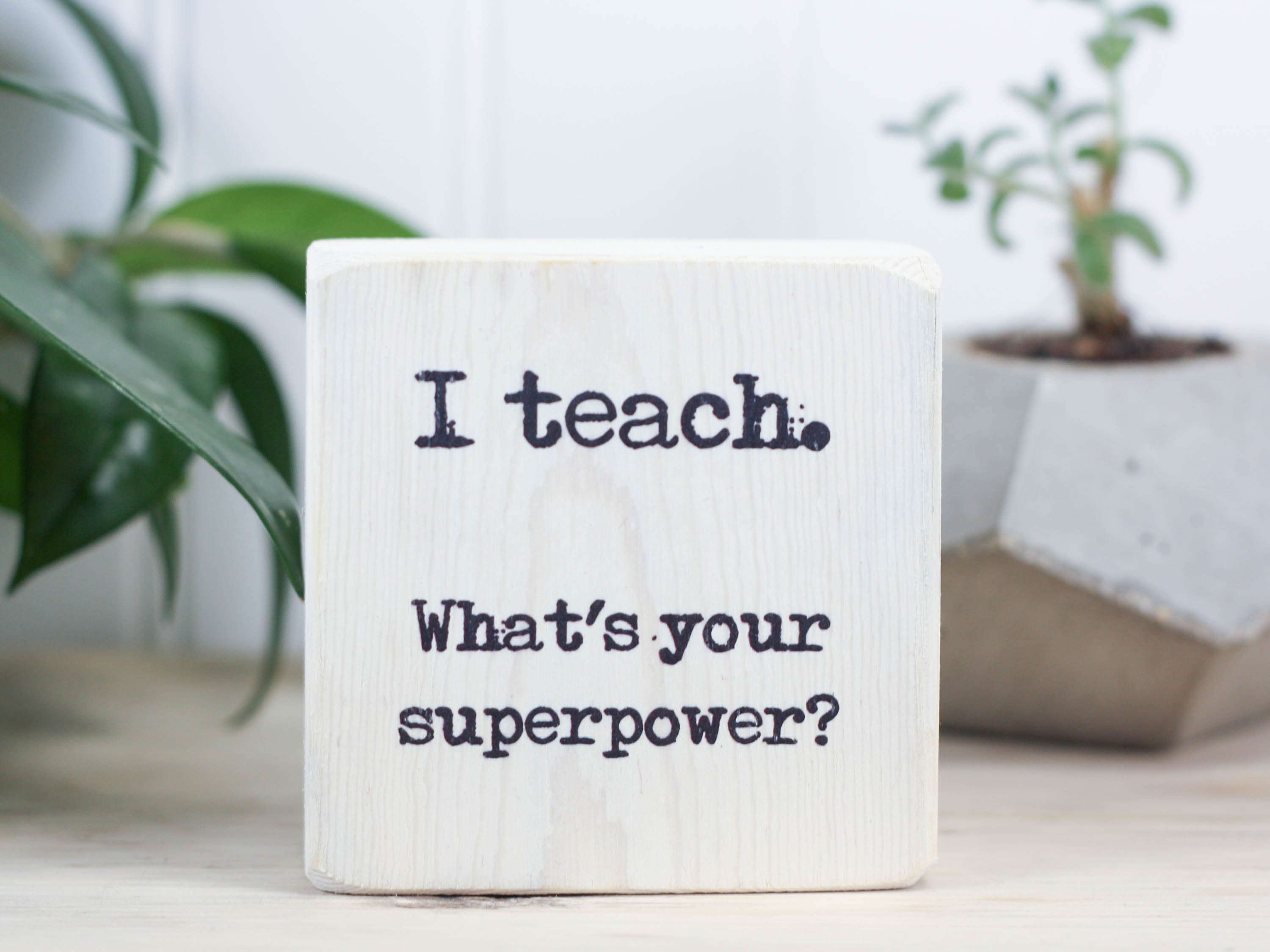Mini wood sign in whitewash with the saying "I teach. What's your superower?"