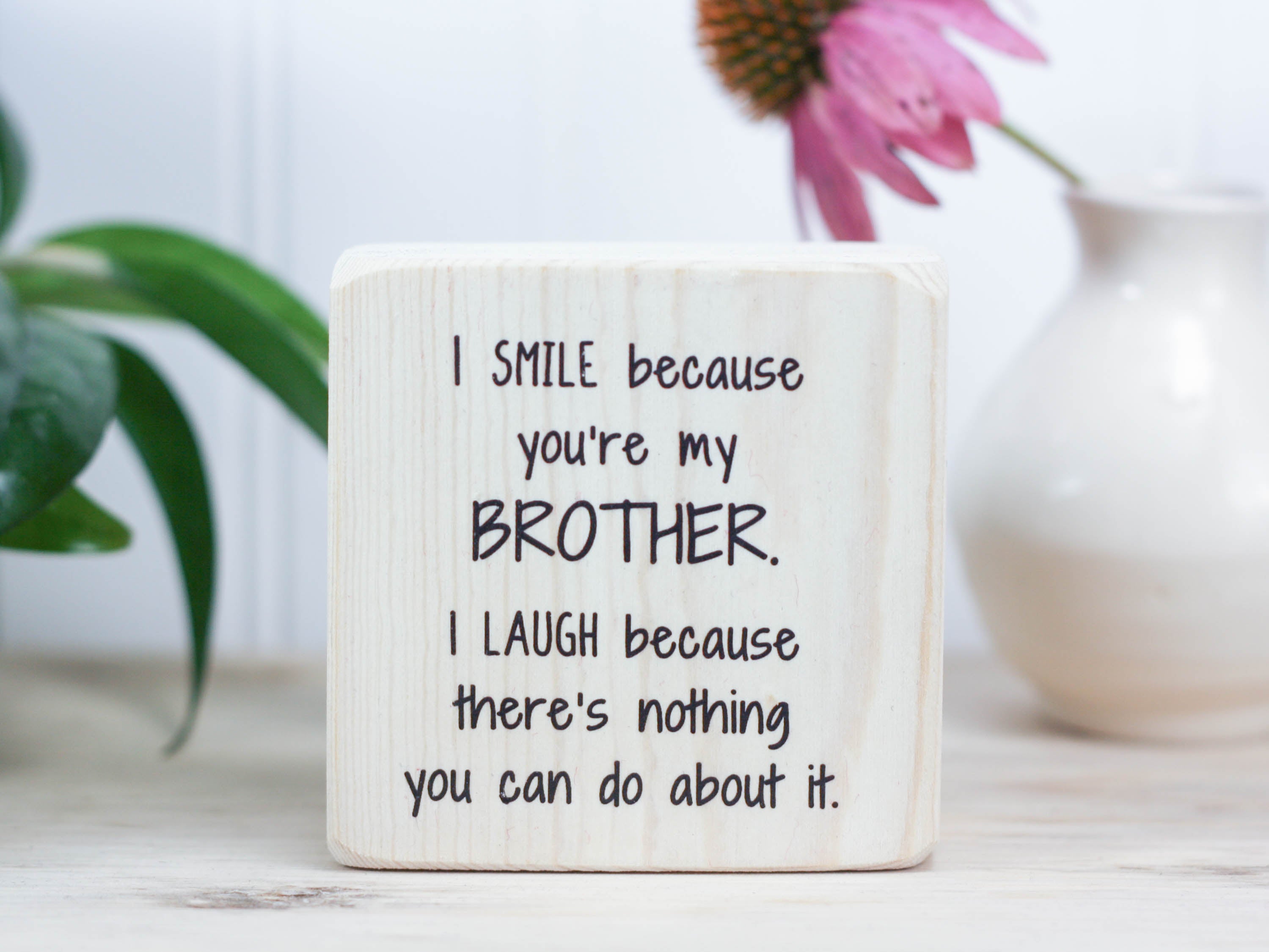 Small, freestanding, whitewash, solid wood sign with a funny saying on it "I smile because you're my brother. I laugh because there's nothing you can do about it."