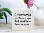 Small, freestanding whitewash wood sign with a funny saying on it "I survived another meeting that should have been an email".